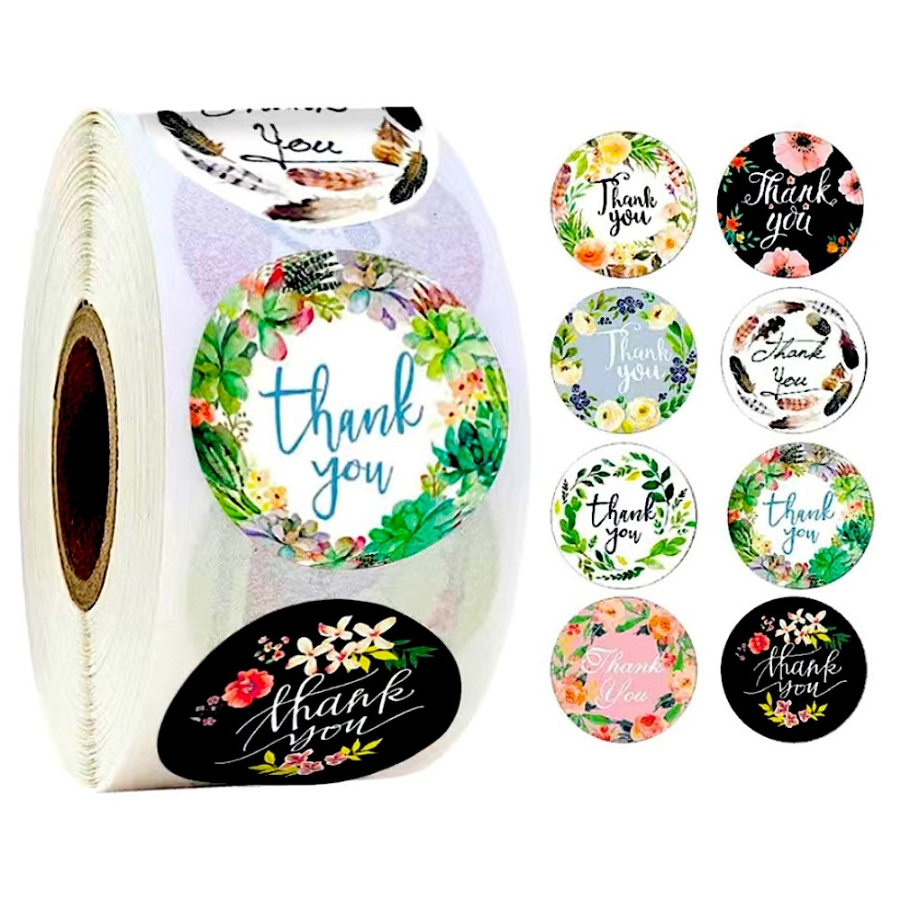 New rolls of 1000 total floral thank you stickers